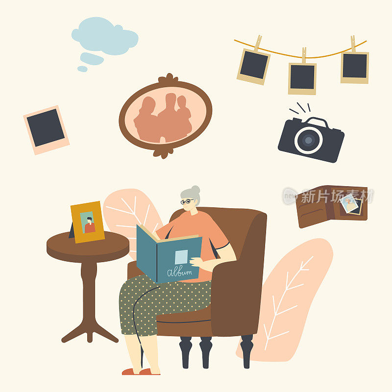 年长女性角色坐在沙发上看家庭相册，房间里有照片，年老的奶奶回忆过去。奶奶坐在桌子旁的扶手椅上，拿着相框。线性向量插图