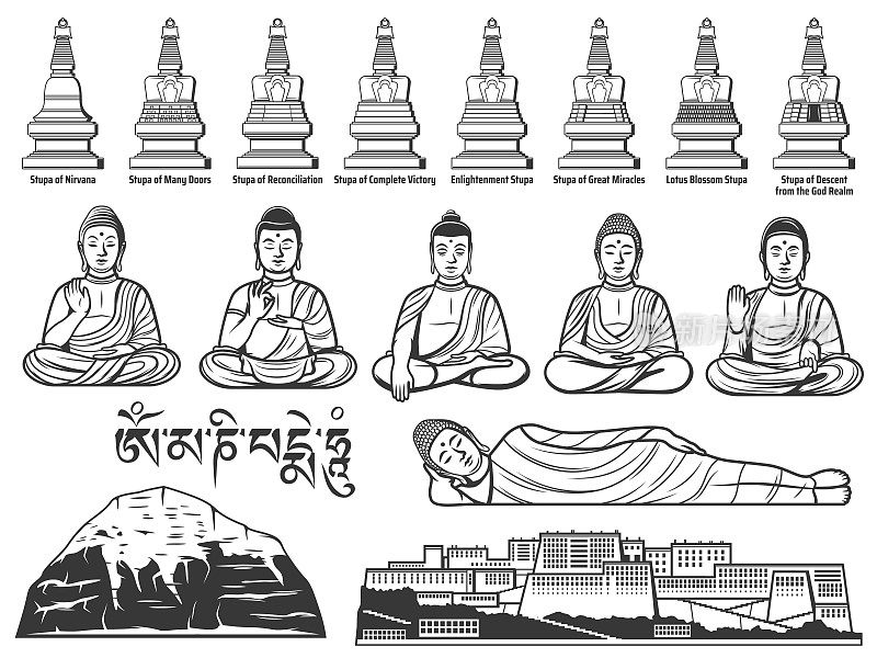 佛教、佛像、佛塔速写