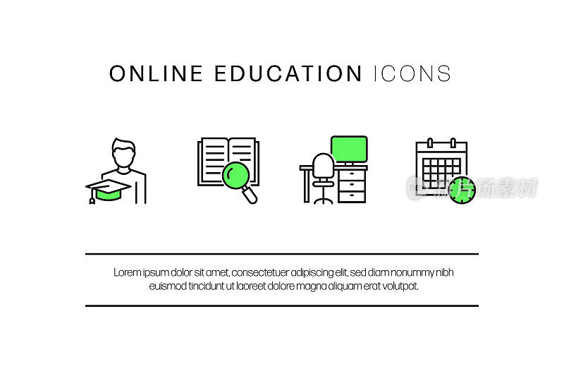 在线教育，电子学习，家庭学校相关的现代矢量图标