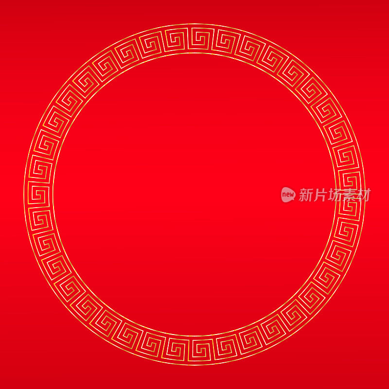无缝曲流模式圆形框架在红色和金色，希腊关键模式背景