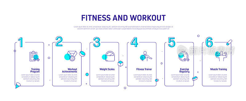 健身和锻炼相关的过程信息图表模板。过程时间图。使用线性图标的工作流布局