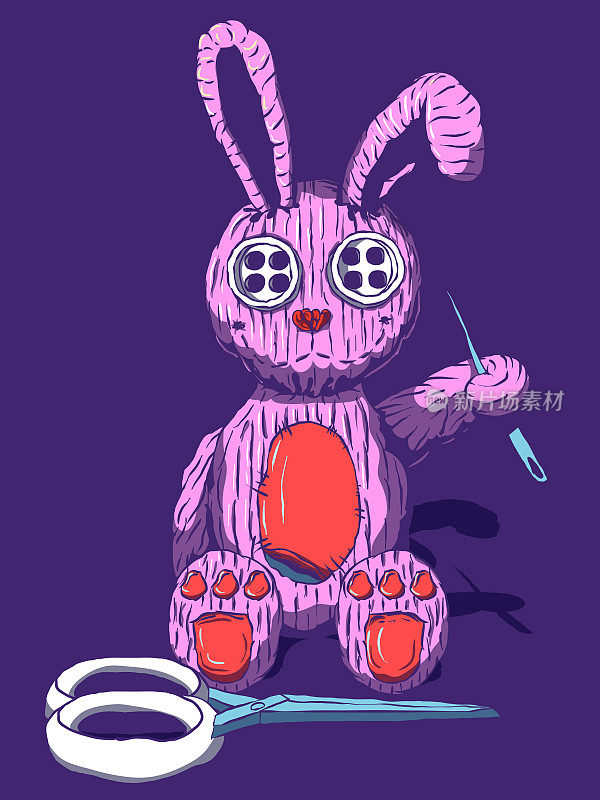 手绘可爱的漫画插图-毛绒兔子。