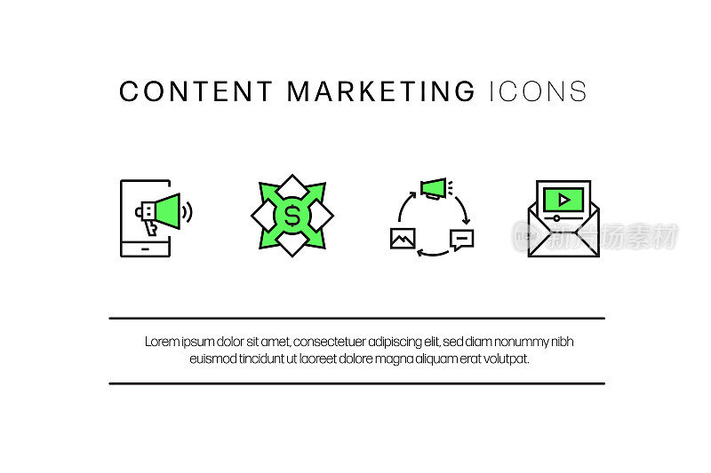 内容营销平面线图标，轮廓向量符号插图。