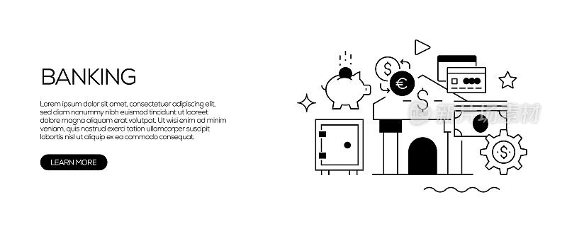 银行和金融相关线设计风格网页横幅矢量插图
