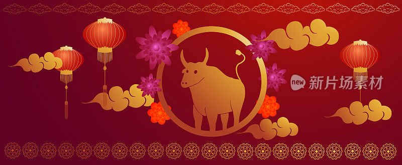矢量抽象插画的中国新年春节。以红色为背景，以红色为图案，在花、云、灯笼中以公牛为象征。