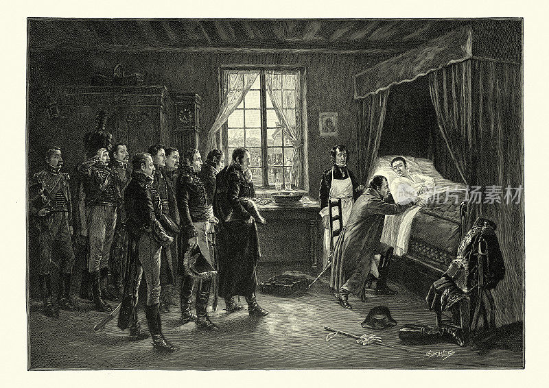 1813年，拿破仑・波拿巴在鲍岑战役中受了致命伤的Géraud杜洛克元帅的床边