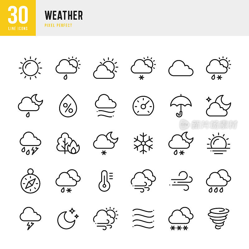 天气-细线矢量图标设置。像素完美。该集包含图标:夏天，冬天，太阳，月亮，风，雾，雪，雨，飓风。