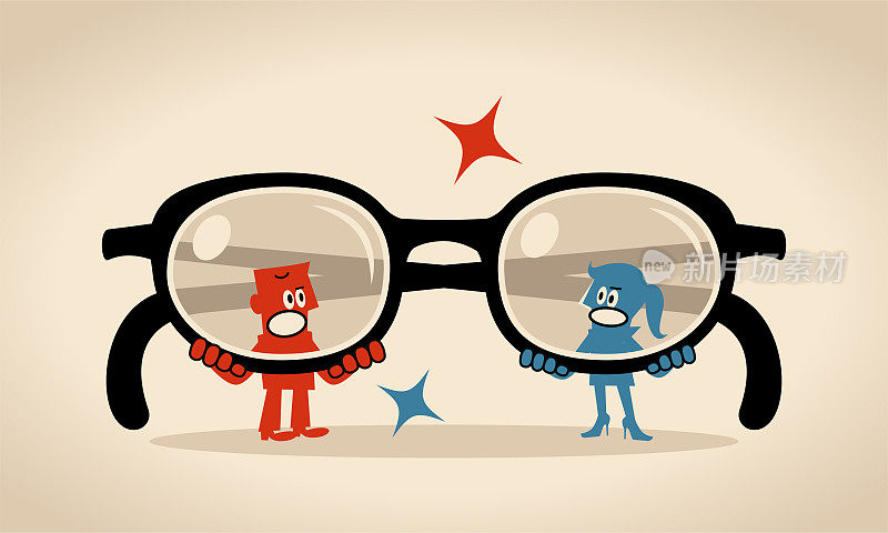 女人和男人透过大眼镜(过滤、偏见、偏见、刻板印象)看对方