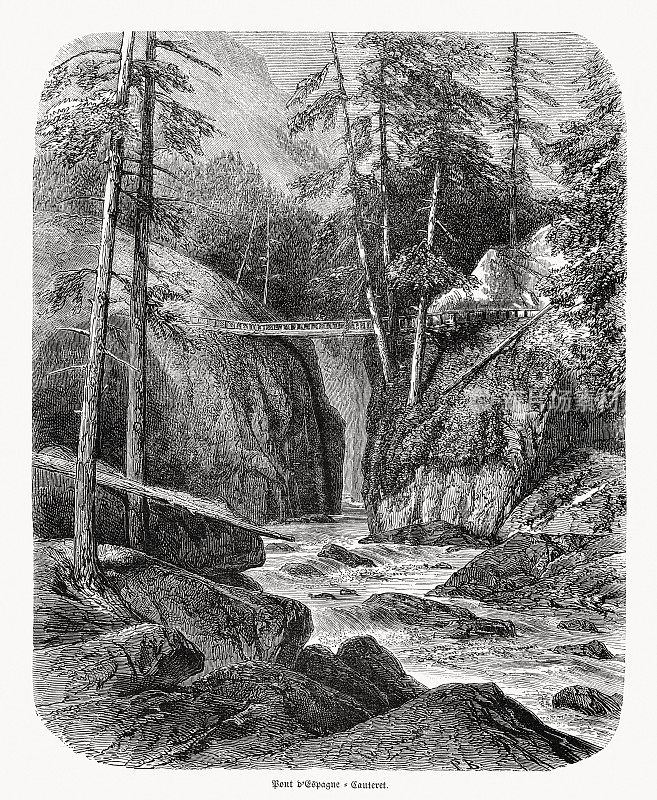法国比利牛斯的埃斯帕涅桥，木刻，1868年出版
