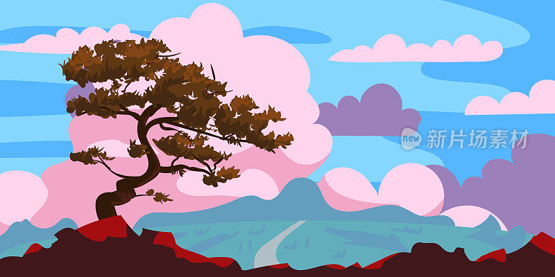 夕阳树影映在悬崖上，云雨过后。风景黄昏全景地平线，色彩，距离。矢量插图卡通风格的背景