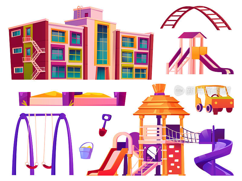 操场和幼儿园元素，孤立的秋千和沙箱，儿童的景点。幼儿园建筑，儿童休闲和娱乐设施。娱乐卡通向量