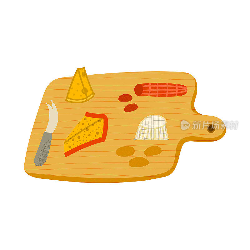 手绘风格矢量插图的各种奶酪和木制奶酪板与刀和叉。孤立在白色背景上。