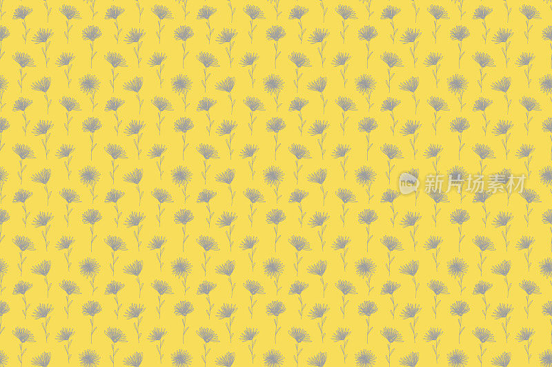 灰色抽象的小花线在黄色背景潘通色2021手画无缝模式服装打印，墙纸，设计。