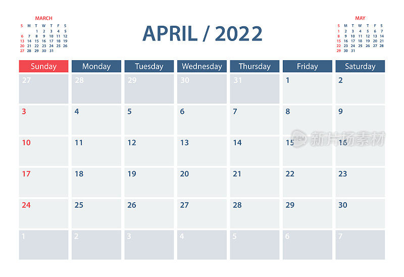 2022年四月日历规划器矢量模板。一周从周日开始