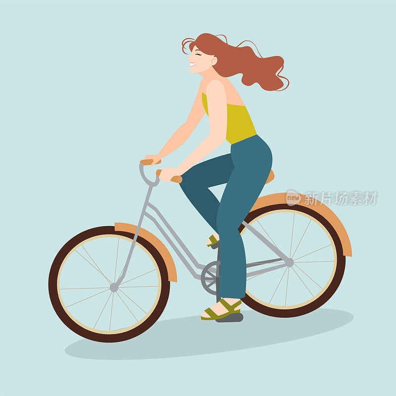 一个长发飘舞的可爱女孩骑着自行车
