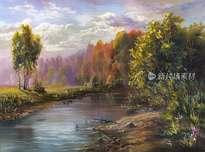 河在秋日的森林里，在阳光明媚的日子里作画