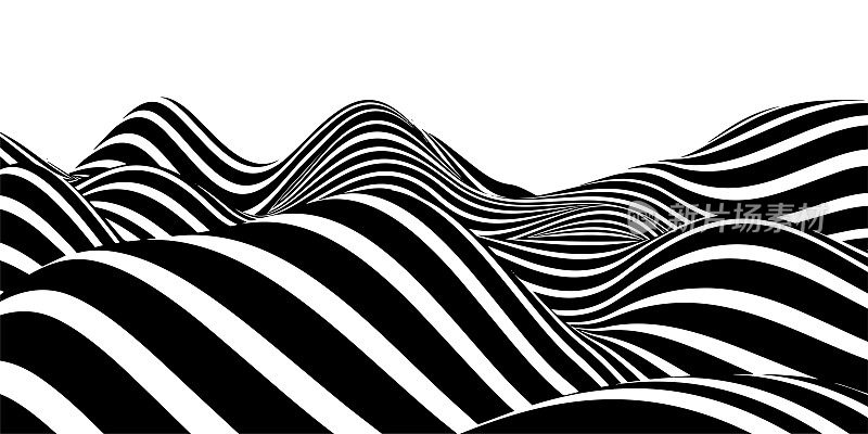 抽象的光学错觉波。黑白条纹形成波浪形的扭曲效果。