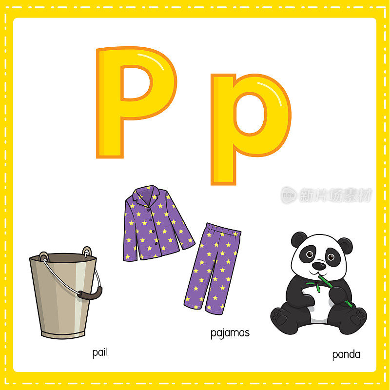 向量插图学习字母P的小写和大写的儿童与3卡通图像。桶睡衣熊猫。