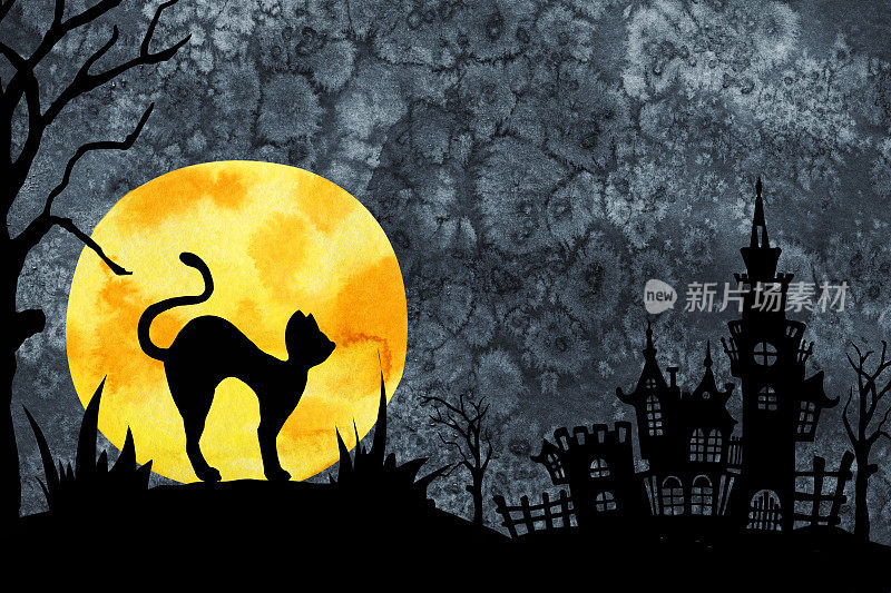 黑色的猫的剪影，明亮的月亮，哥特式的城堡，纹理的夜晚背景。手绘水彩插图。万圣节设计，恐怖场景