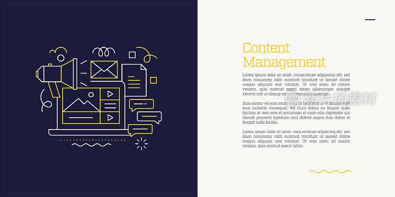 矢量集插图内容管理概念。线条艺术风格的网页，横幅，海报，印刷等背景设计。矢量插图。