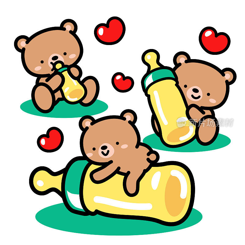 可爱的小熊(熊宝宝)拿着自己的奶瓶，喂奶时间到了