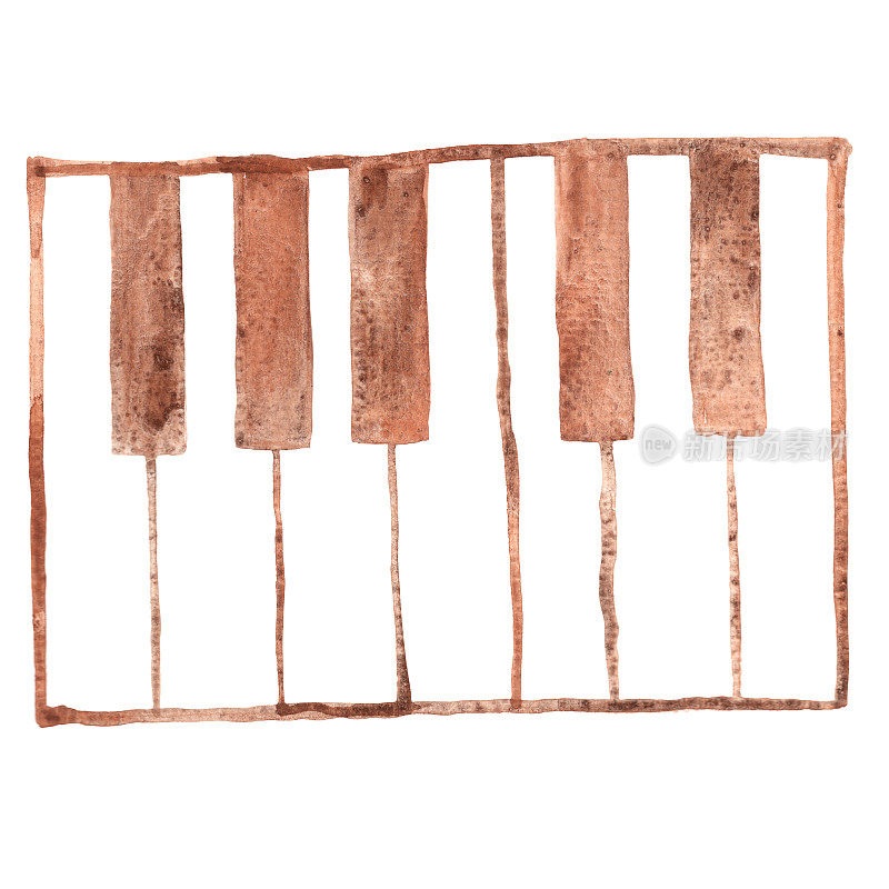 棕色钢琴键盘水彩孤立插图装饰音乐和经典歌曲。
