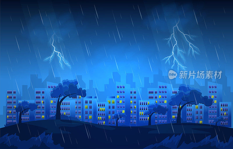雷暴雷击大雨城市建筑天际线城市景观插图