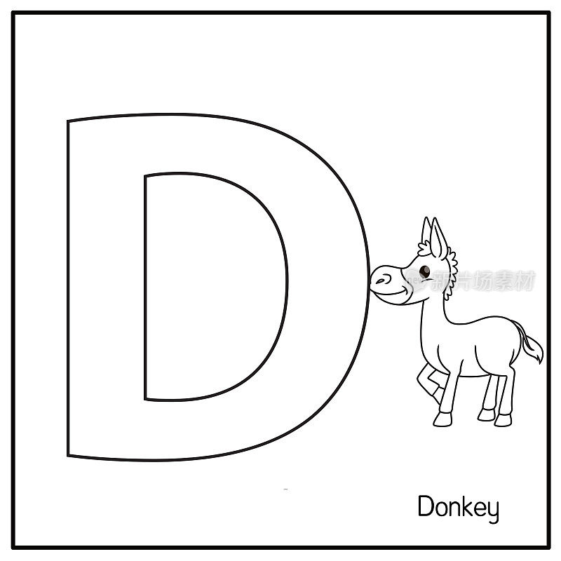 矢量插图驴子与字母D大写字母或大写字母的儿童学习练习ABC