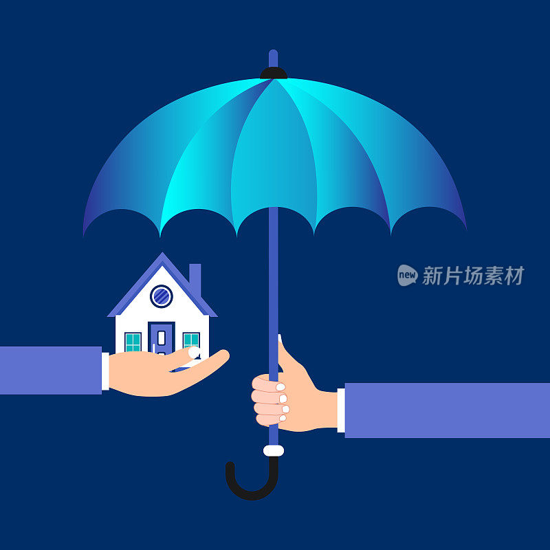 保险代理人保护房子不受环境的伤害，保护房子。雨伞覆盖和保护房子
