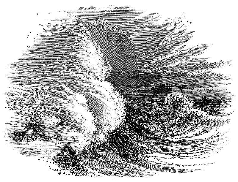 19世纪，暴风雨中的巨浪冲击着意大利海岸