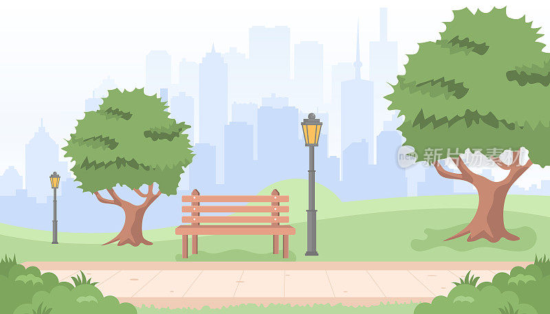 公园里有树和灯的长椅。矢量插图在平面风格夏季城市公园全景矢量插图。