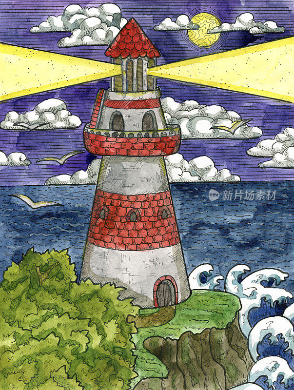 色彩斑斓的海洋幻想插画，悬崖岩石上的灯塔塔与树木和海浪。航海复古画，水彩画