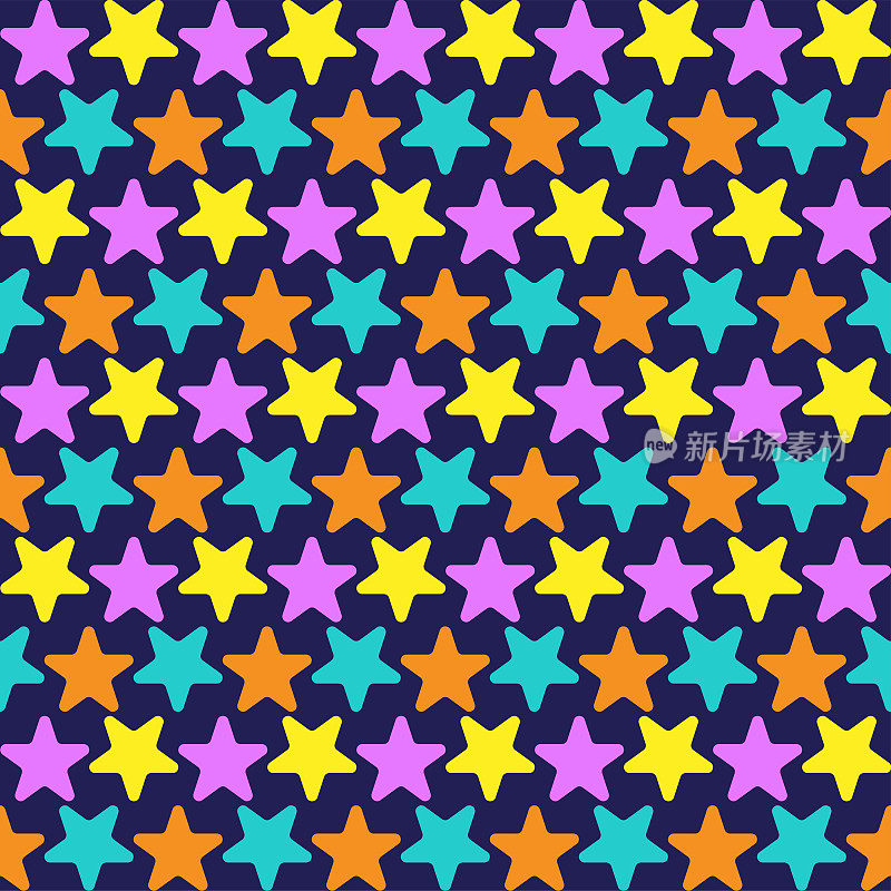 可爱的夜空星星元素彩虹紫色绿色黄色橙色图案卡通插图，垫子，织物，纺织品，围巾，包装纸。
