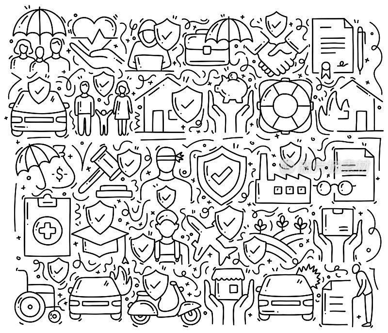 保险相关对象和元素。手绘矢量涂鸦插图集合。手绘图案设计