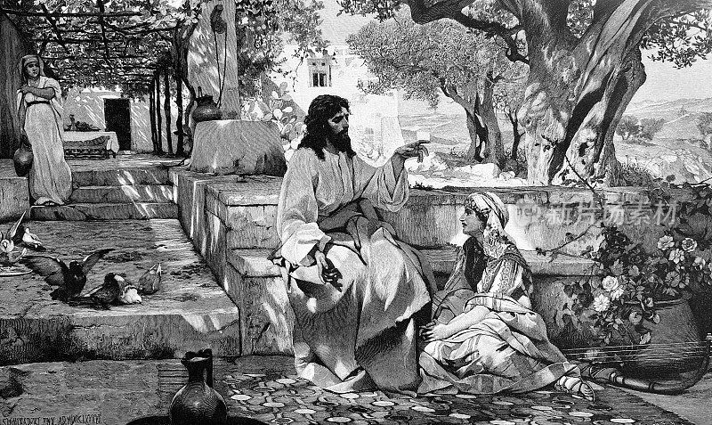 耶稣拜访马利亚和马大，坐在花园里和玛利亚说话