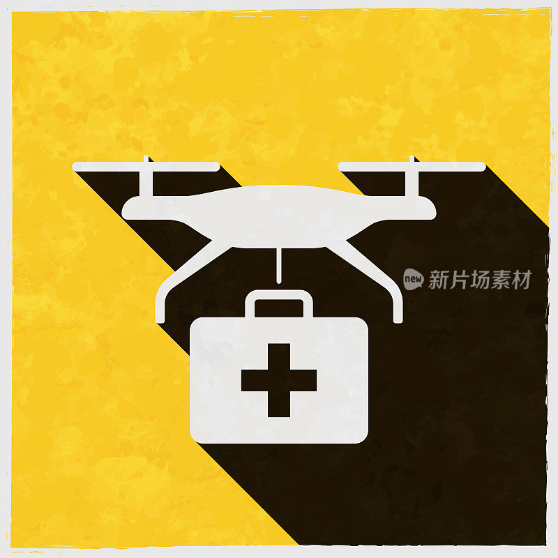 配备急救箱的医疗无人机。图标与长阴影的纹理黄色背景