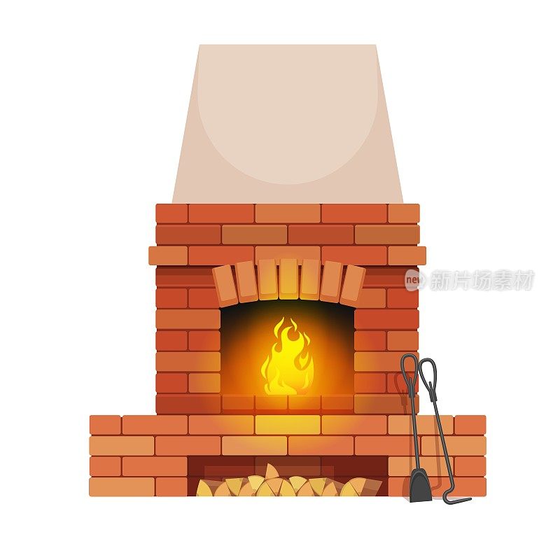 砖砌壁炉与木材和火坑工具