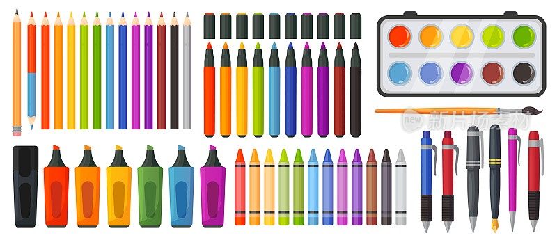 彩色铅笔,蜡笔。马克笔、钢笔、墨笔、颜料和毛笔，供艺术学校或办公室使用。写作，绘画和制作丰富多彩的工具为孩子向量集