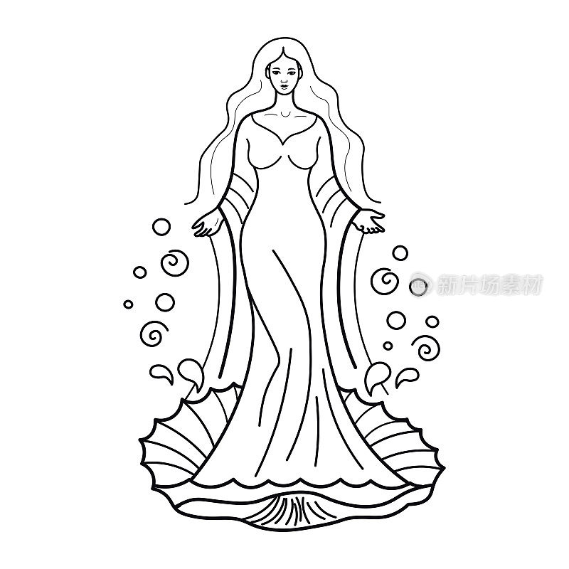 水女神。梳着宽松头发的女人的头发。站在壳里的女人。