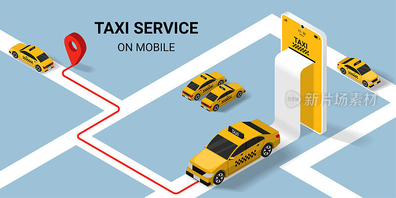 出租车在线服务理念。黄色出租车和与道路和位置的移动应用程序。等距矢量图