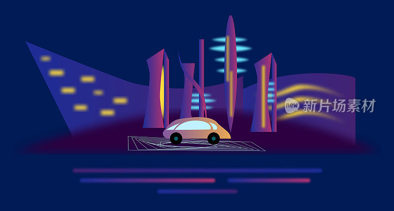 霓虹未来城市景观与智能汽车。