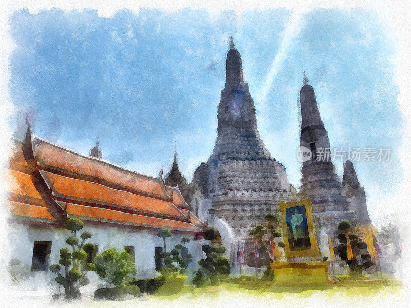 卧龙寺泰国古建筑在曼谷水彩风格插图印象派绘画。