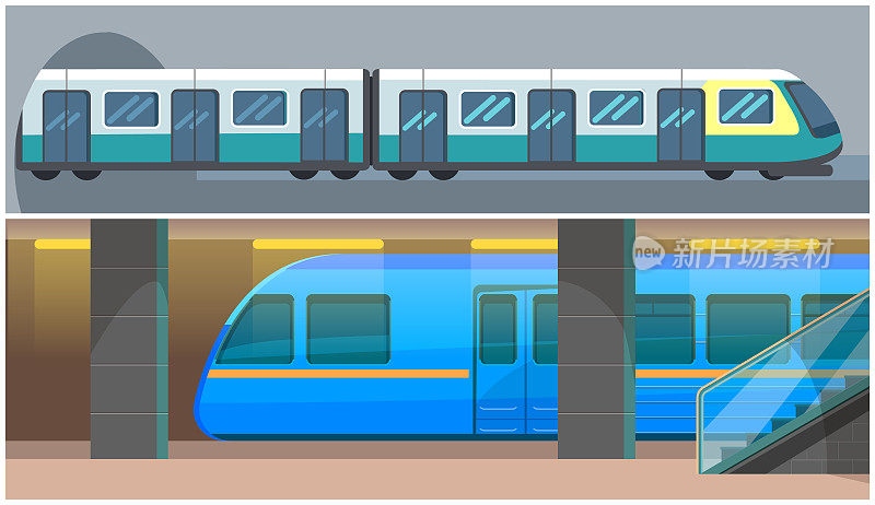 从隧道开往地铁的交通工具。地铁站台载客列车