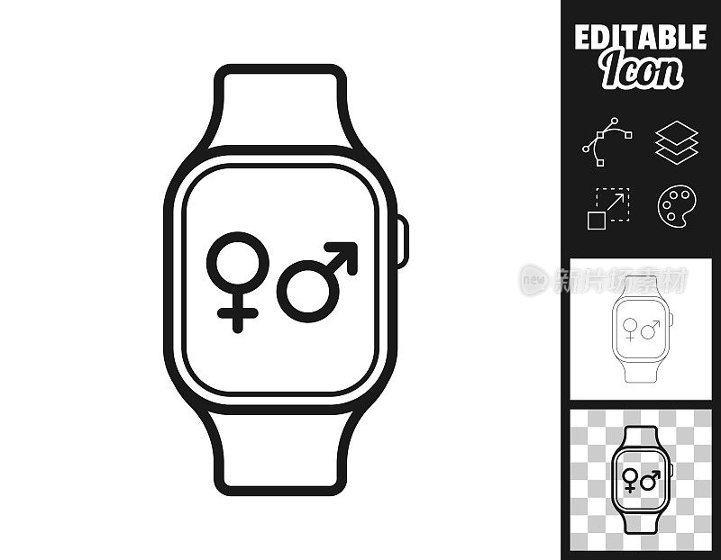 带有性别符号的智能手表。图标设计。轻松地编辑