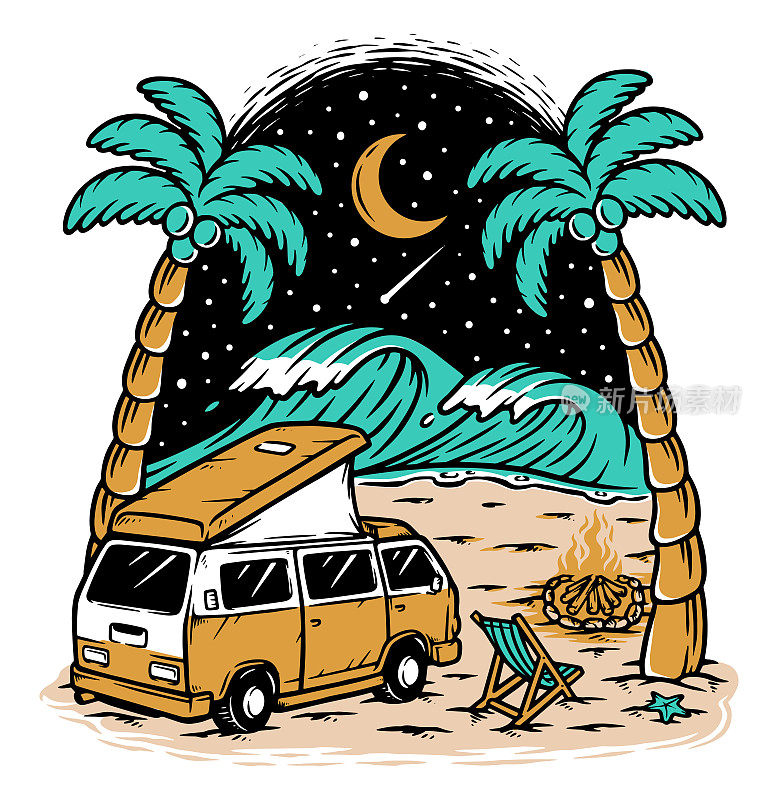 露营车和海滩夜景
