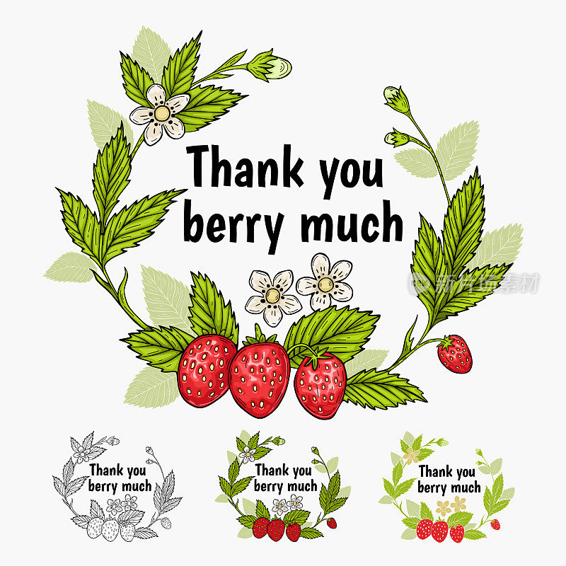 感谢卡，横幅。向量。非常感谢草莓，草莓双关语很可爱。