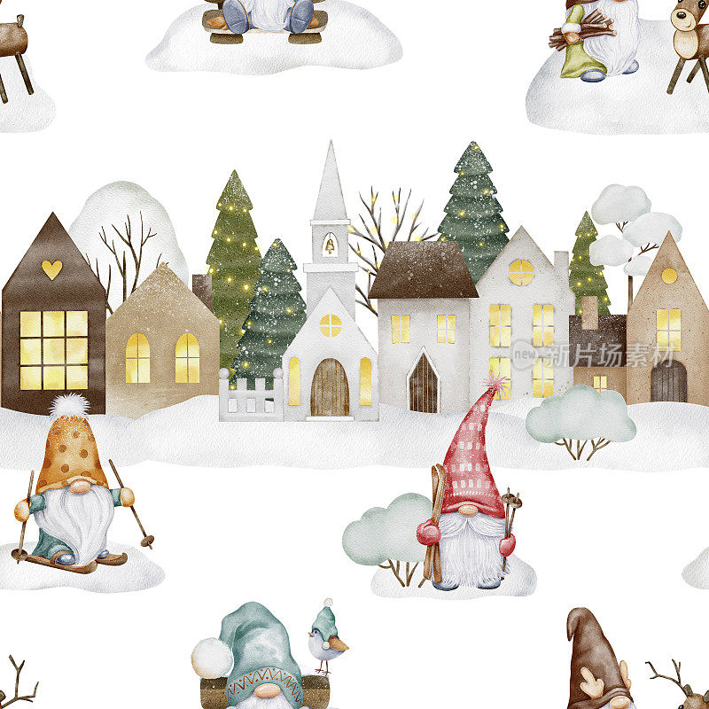 圣诞无缝模式与可爱的侏儒，雪，树，斯堪的纳维亚的房子。装饰的背景。手绘插图。农村生活。假日设计卡片，墙纸，剪贴簿
