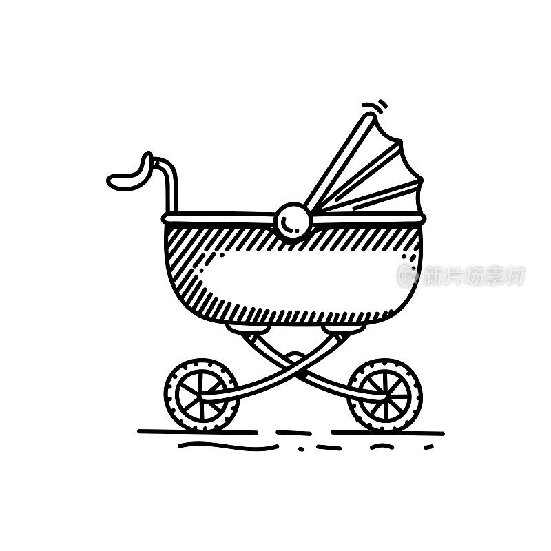 婴儿车线图标，草图设计，像素完美，可编辑的笔画。小男孩，小女孩。