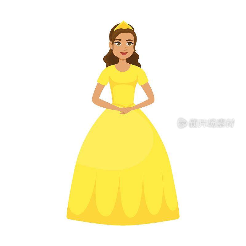 年轻的东方公主黑黝黝的黄色连衣裙，卡通矢量插图。优雅的童话女人穿着彩色的服装和连衣裙