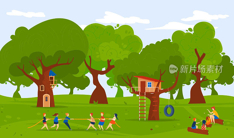 孩子们野营森林自然，夏天户外矢量插画，扁女孩男孩一起玩拔河，孩子们站在树屋附近。